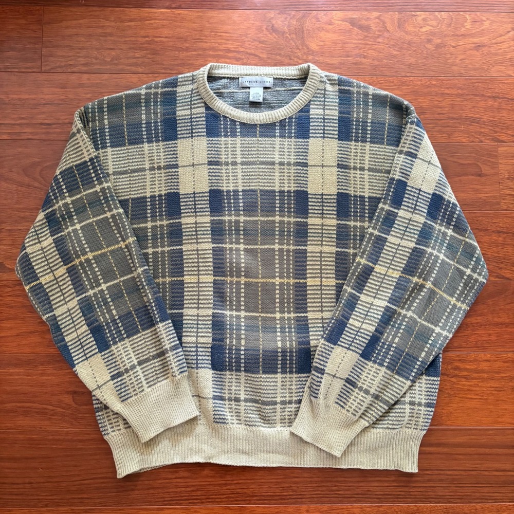 Cypress Links Mens Large Blue Tan Plaid Cotton Knit Sweater Vintage 90s USA Made